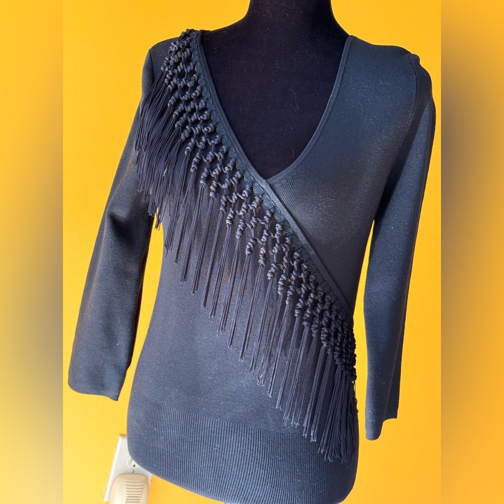 Cache Black Fringe Accent Blouse